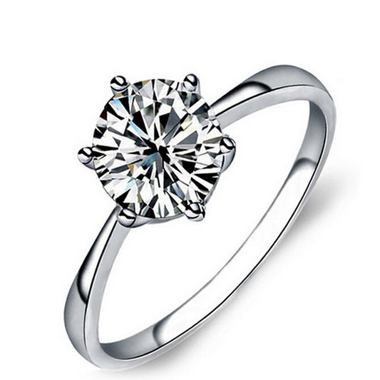 Plated 925 Silver Six-Prong Zirconia Round Ring